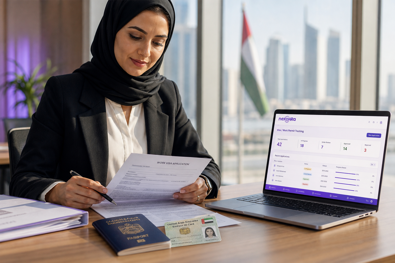 PRO specialist reviewing a passport, Emirates ID and visa paperwork beside the nexoHRa app showing visa tracking