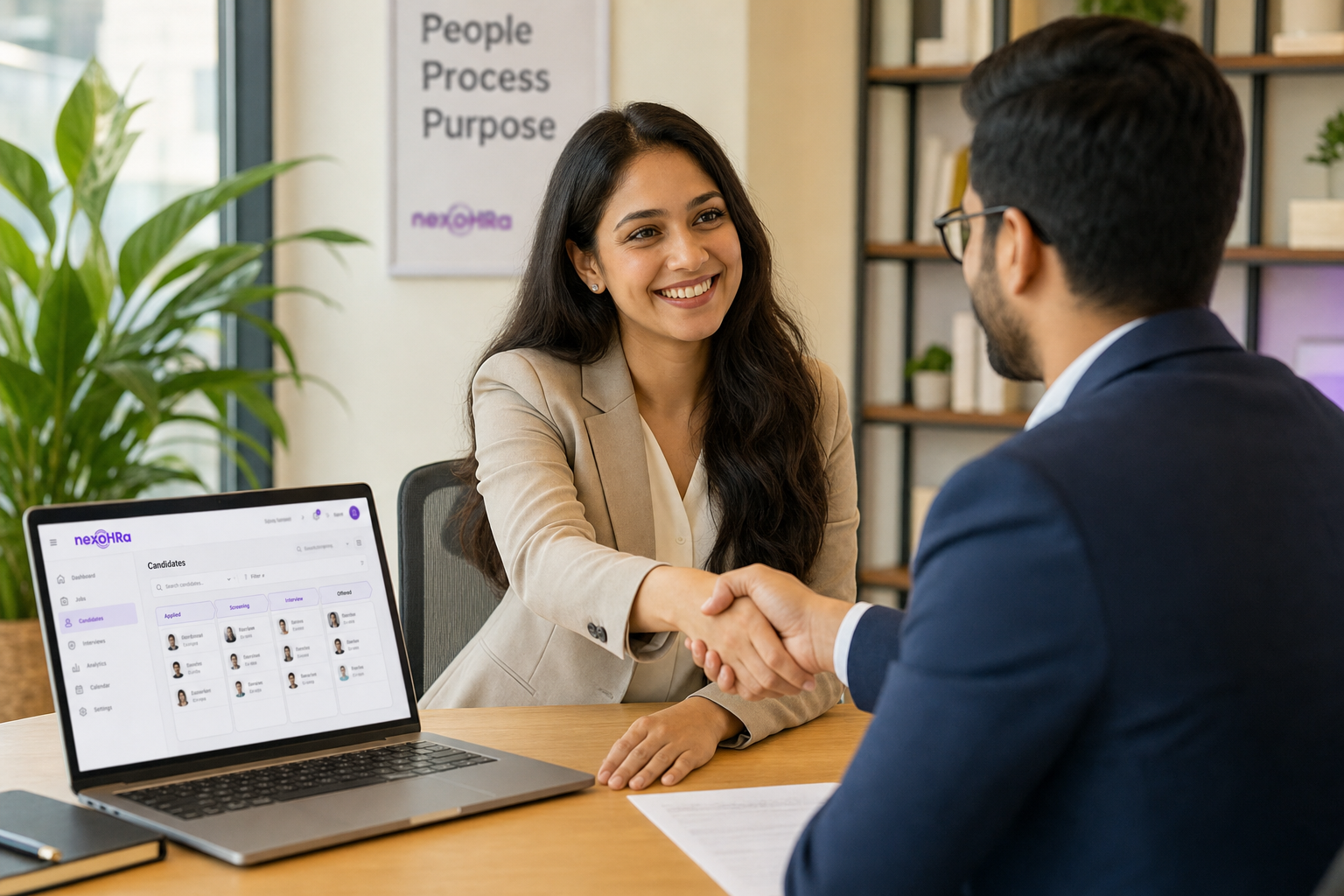 Recruiter and candidate shaking hands in an interview with the nexoHRa recruitment app open on a laptop