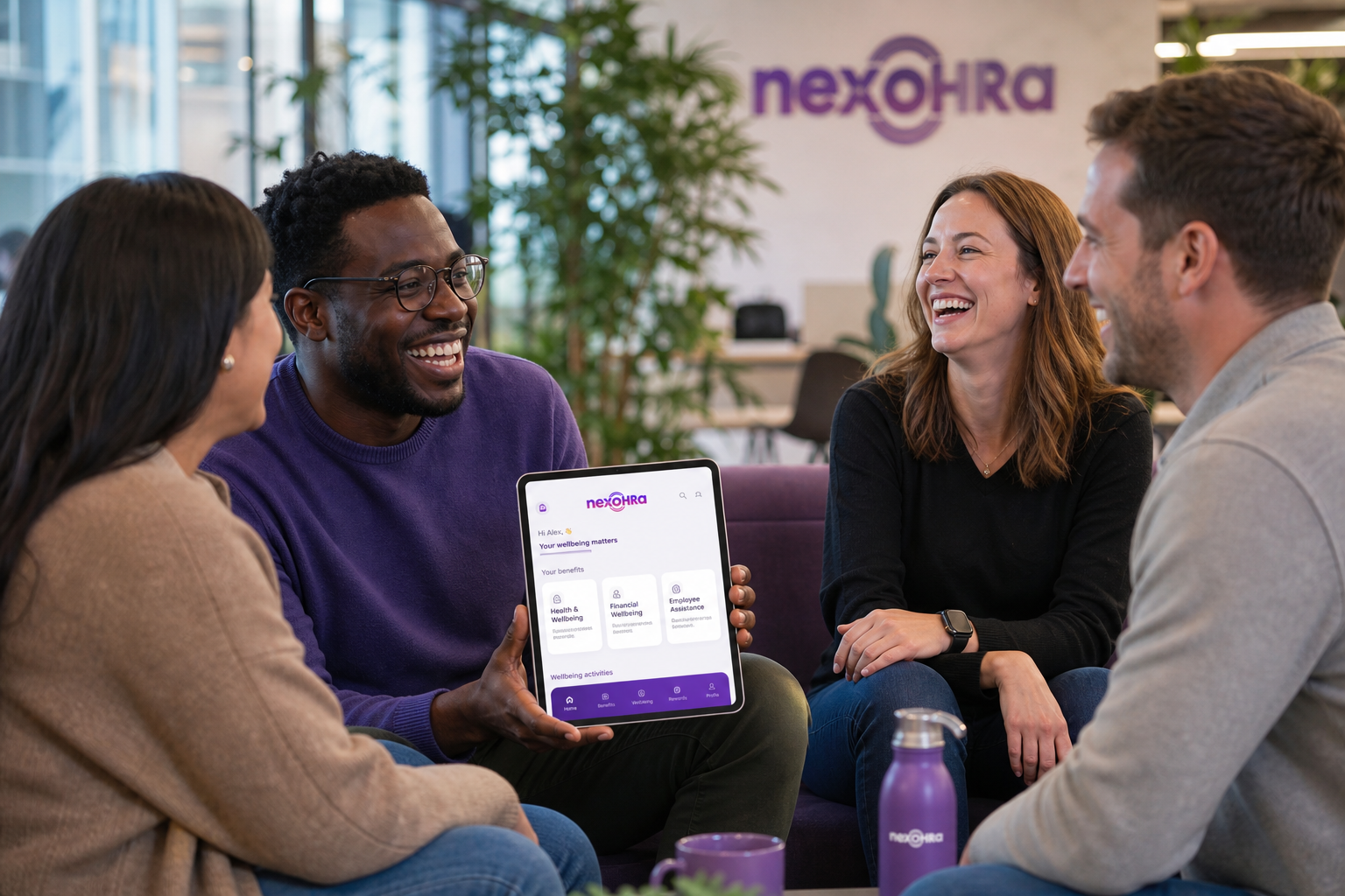 Happy diverse team in an office lounge viewing the nexoHRa wellbeing and benefits app on a tablet